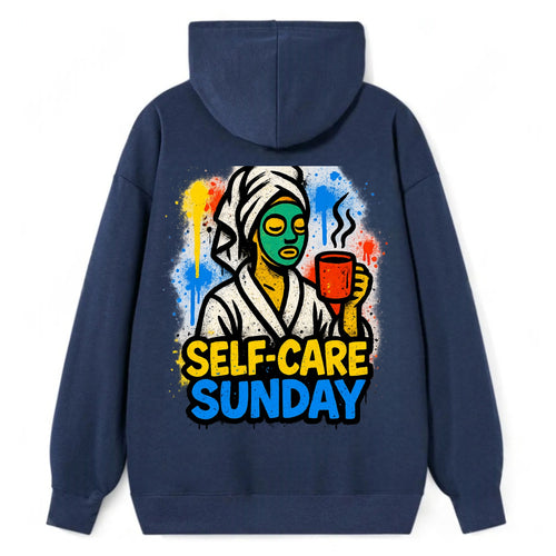 Person in bathrobe with face mask and tea - self-care Sunday ritual, - Classic Pullover Hoodie