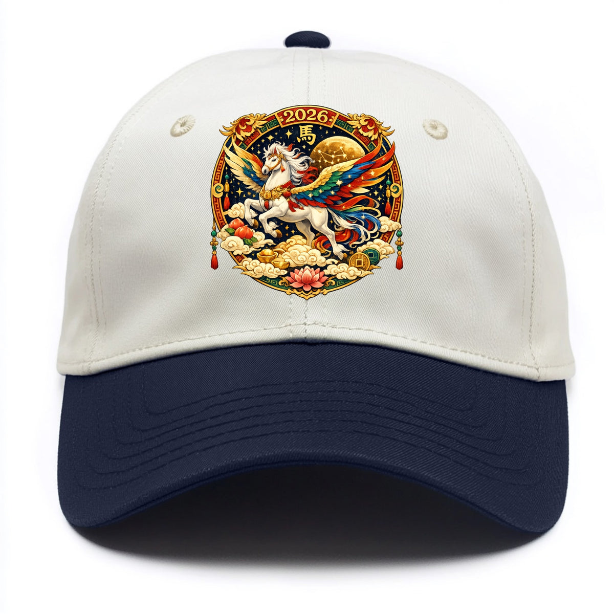 CELESTIAL HORSE | Heavenly horse among clouds and stars | Wings of flowing energy - Two Tone Cap - Navy