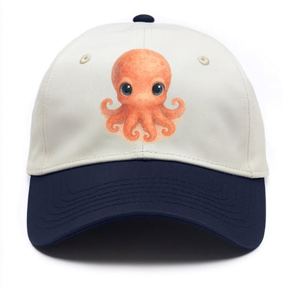 Baby Octopus - red-orange, eight tiny tentacles curled, large intelligent eyes, - Two Tone Cap - Navy