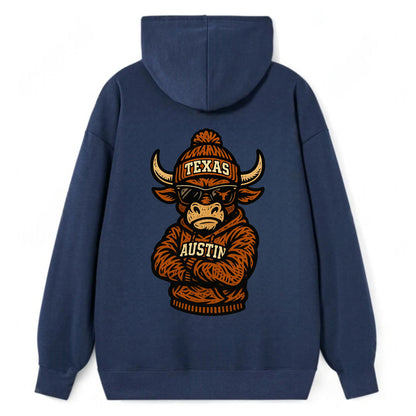 Austin Bevo wearing Texas beanie with longhorn patch - Classic Pullover Hoodie - Navy
