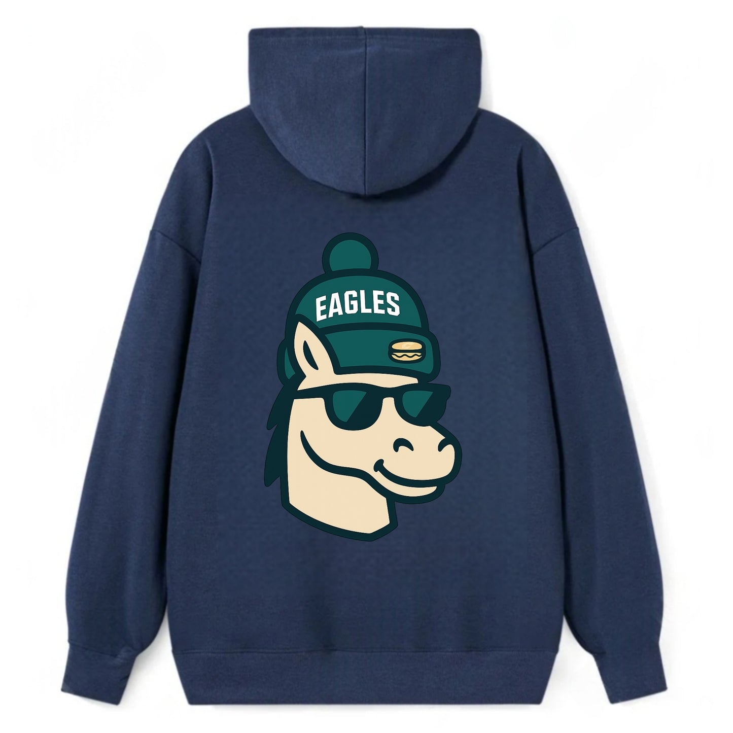 Philadelphia Horse wearing Eagles beanie with cheesesteak patch and - Classic Pullover Hoodie - Navy