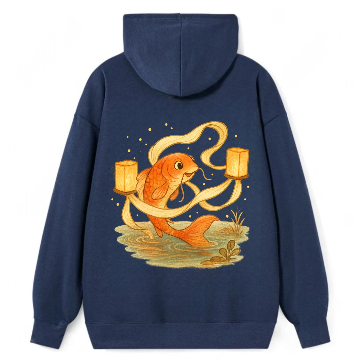 Koi weaving silk streamers through floating lanterns on tranquil water - Classic Pullover Hoodie - Navy