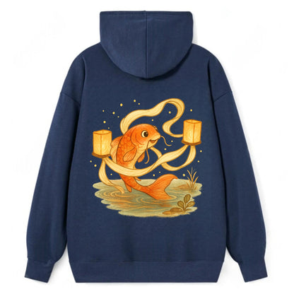 Koi weaving silk streamers through floating lanterns on tranquil water - Classic Pullover Hoodie - Navy