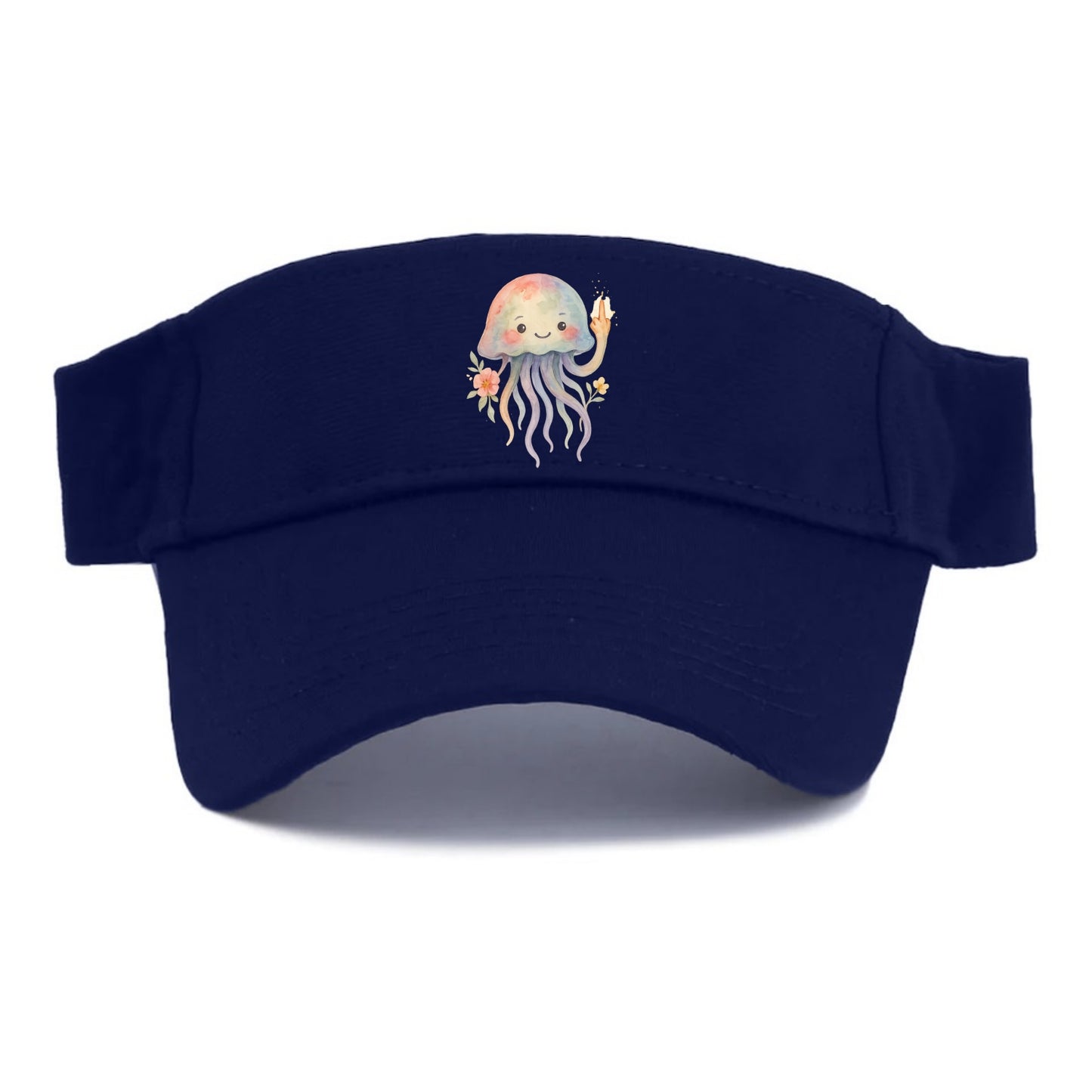 jellyfish with kawaii face and tentacles, one tentacle pointing up defiantly - Visor - Navy