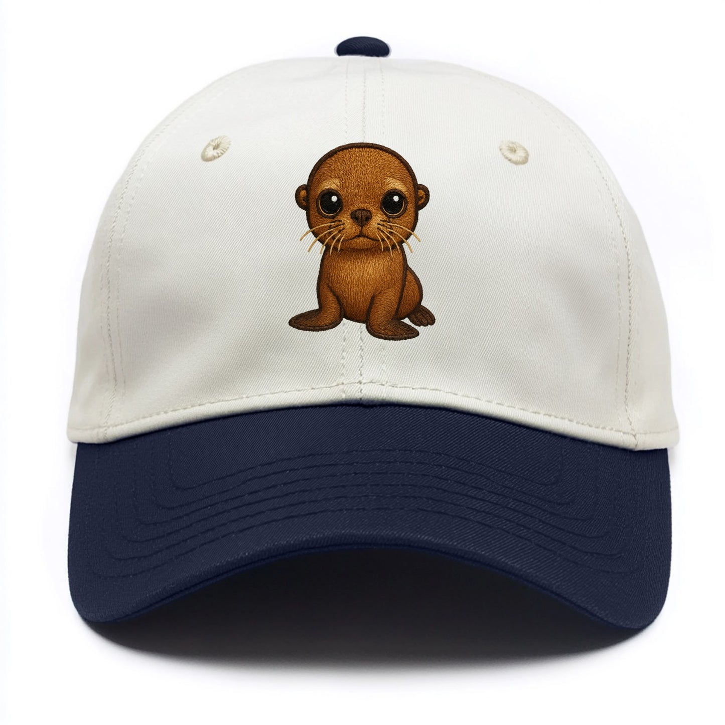 Baby California Sea Lion - golden brown, large expressive eyes, whiskers, - Two Tone Cap - Navy