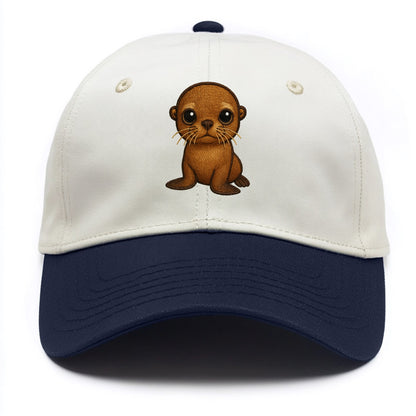 Baby California Sea Lion - golden brown, large expressive eyes, whiskers, - Two Tone Cap - Navy
