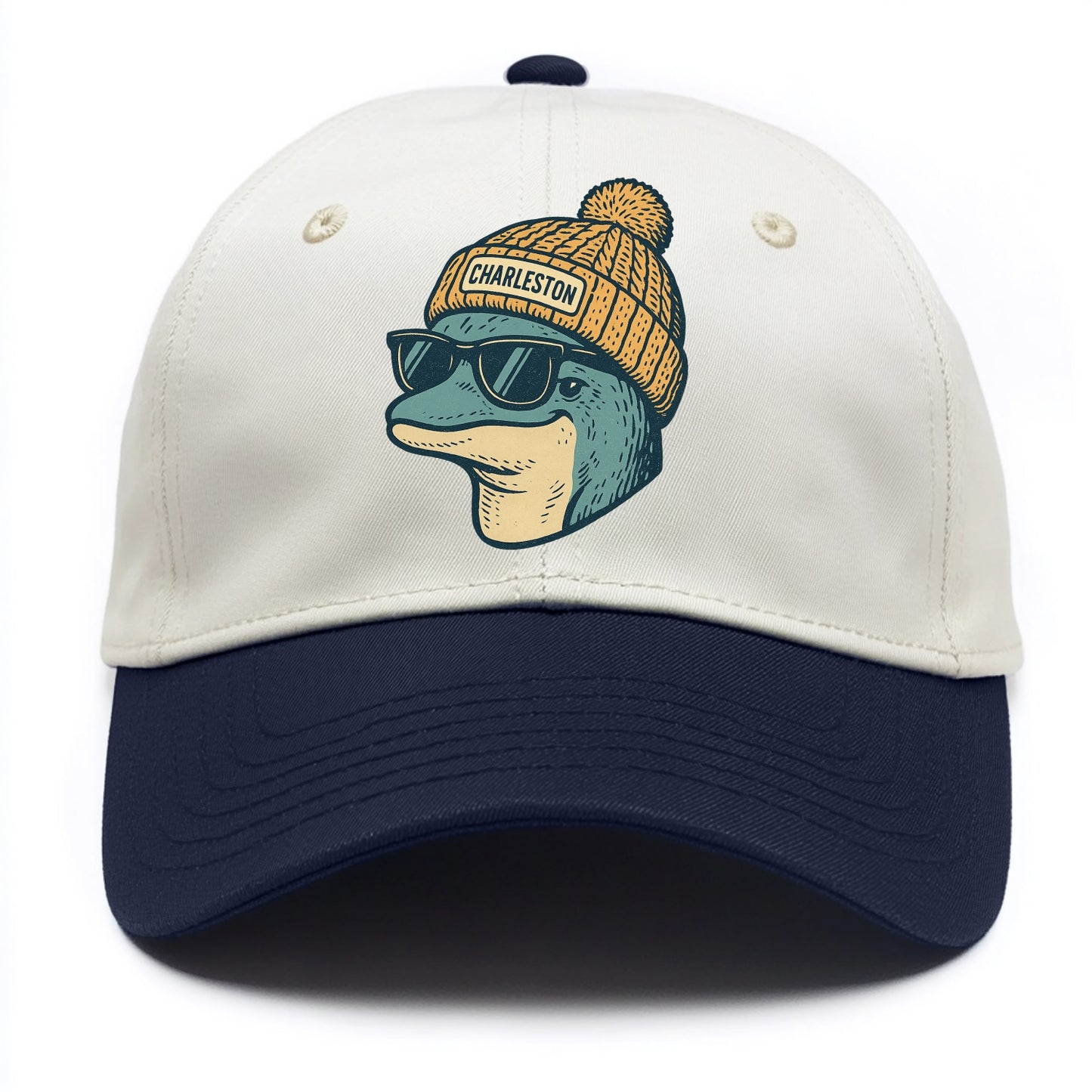Charleston Dolphin wearing Charleston beanie with pom pom and wayfarer sunglasses - Two Tone Cap - Navy