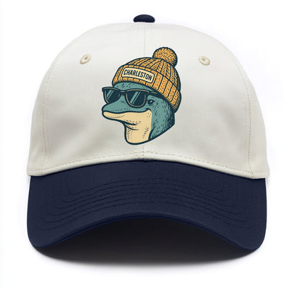 Charleston Dolphin wearing Charleston beanie with pom pom and wayfarer sunglasses - Two Tone Cap - Navy