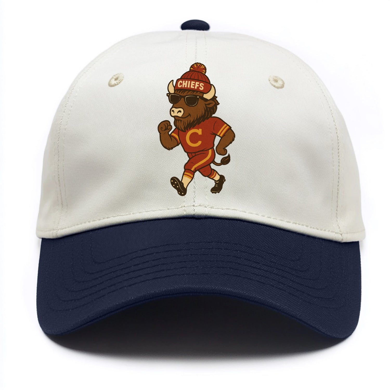 KC Bison wearing Chiefs beanie with arrowhead patch and wayfarer sunglasses - Two Tone Cap - Navy