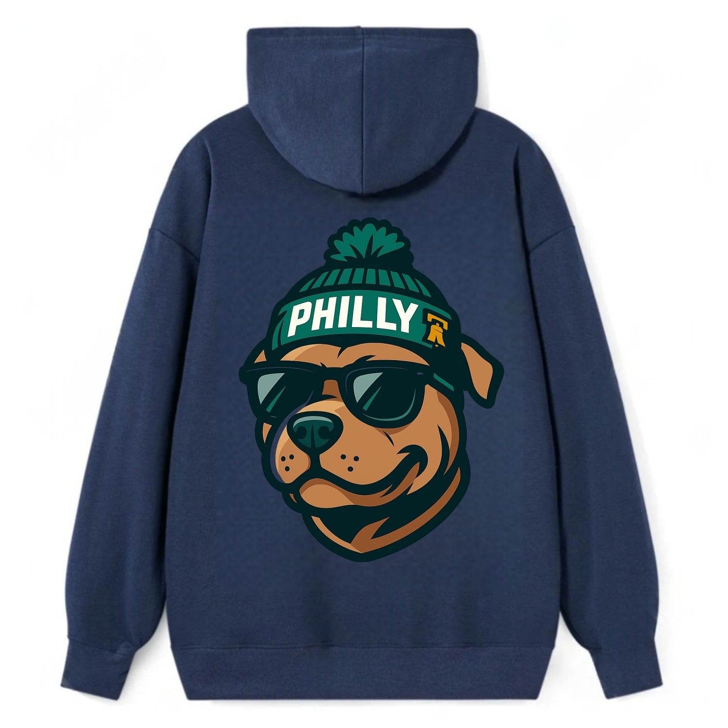 Philly Pitbull wearing Eagles beanie with Liberty Bell patch and wayfarer - Classic Pullover Hoodie - Navy