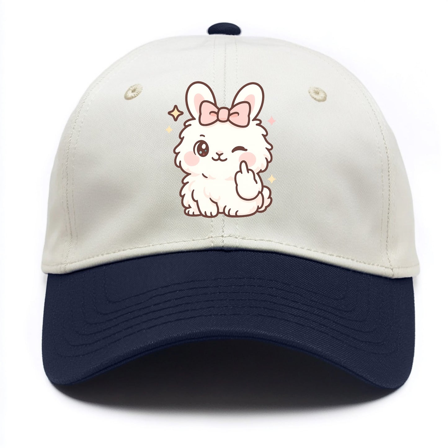 fluffy white angora rabbit with pink bow, one paw delicately flipping off - Two Tone Cap - Navy