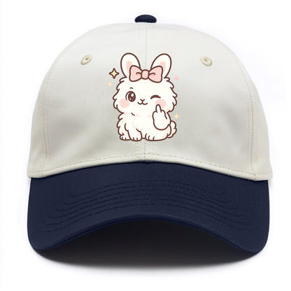 fluffy white angora rabbit with pink bow, one paw delicately flipping off - Two Tone Cap - Navy
