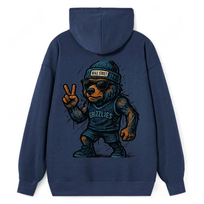 Memphis Grizzly Bear wearing Grizzlies navy and light blue beanie with - Classic Pullover Hoodie - Navy