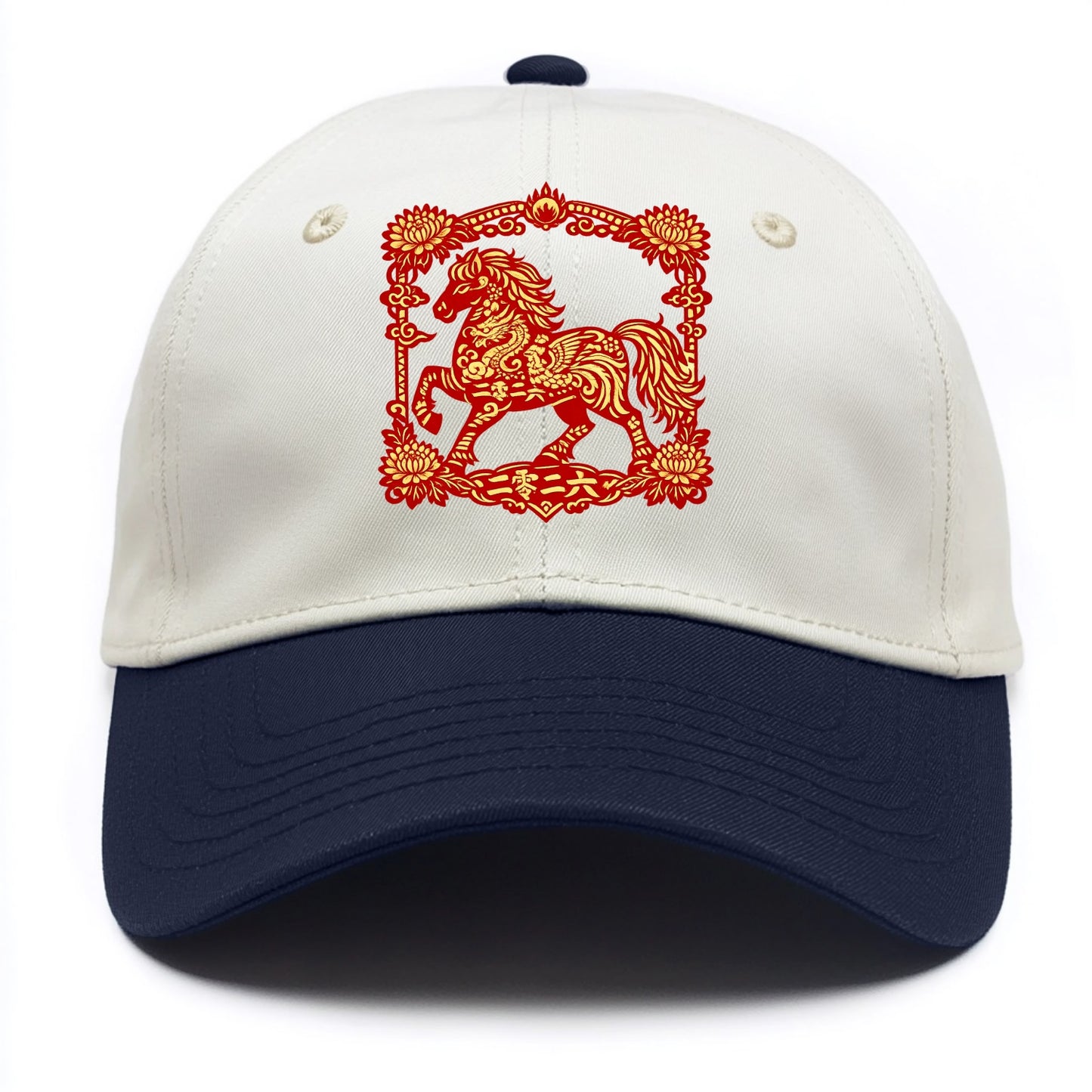 HORSE | Silk style horse design | Gold and silver thread appearance | Phoenix and - Two Tone Cap - Navy
