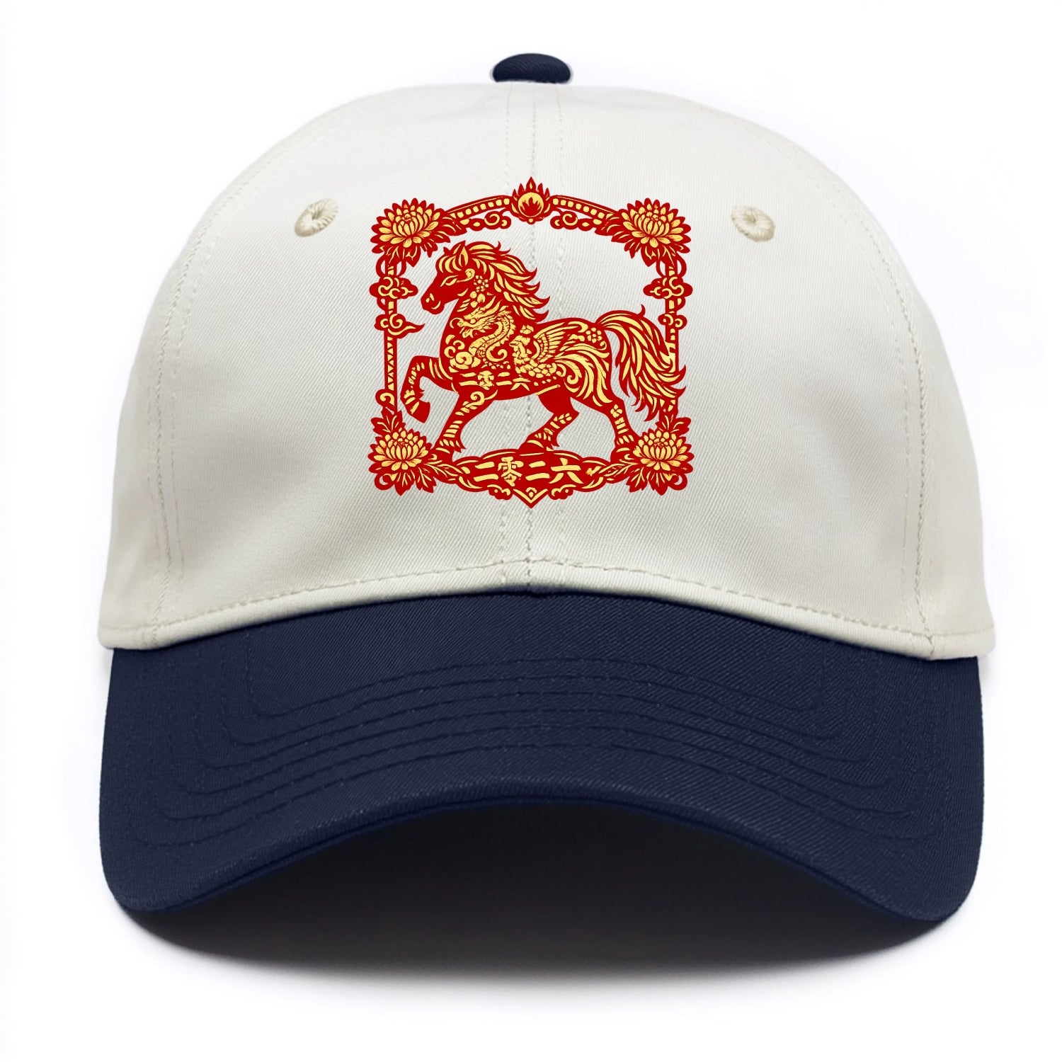 HORSE | Silk style horse design | Gold and silver thread appearance | Phoenix and - Two Tone Cap - Navy