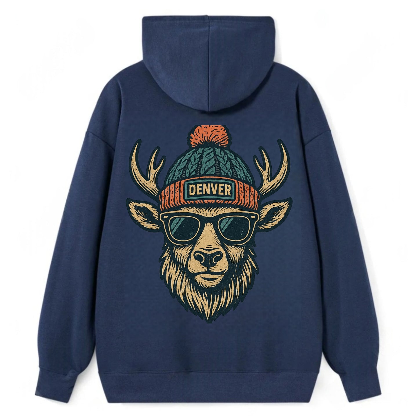 Denver Elk wearing Denver beanie with pom pom and wayfarer sunglasses - Classic Pullover Hoodie - Navy