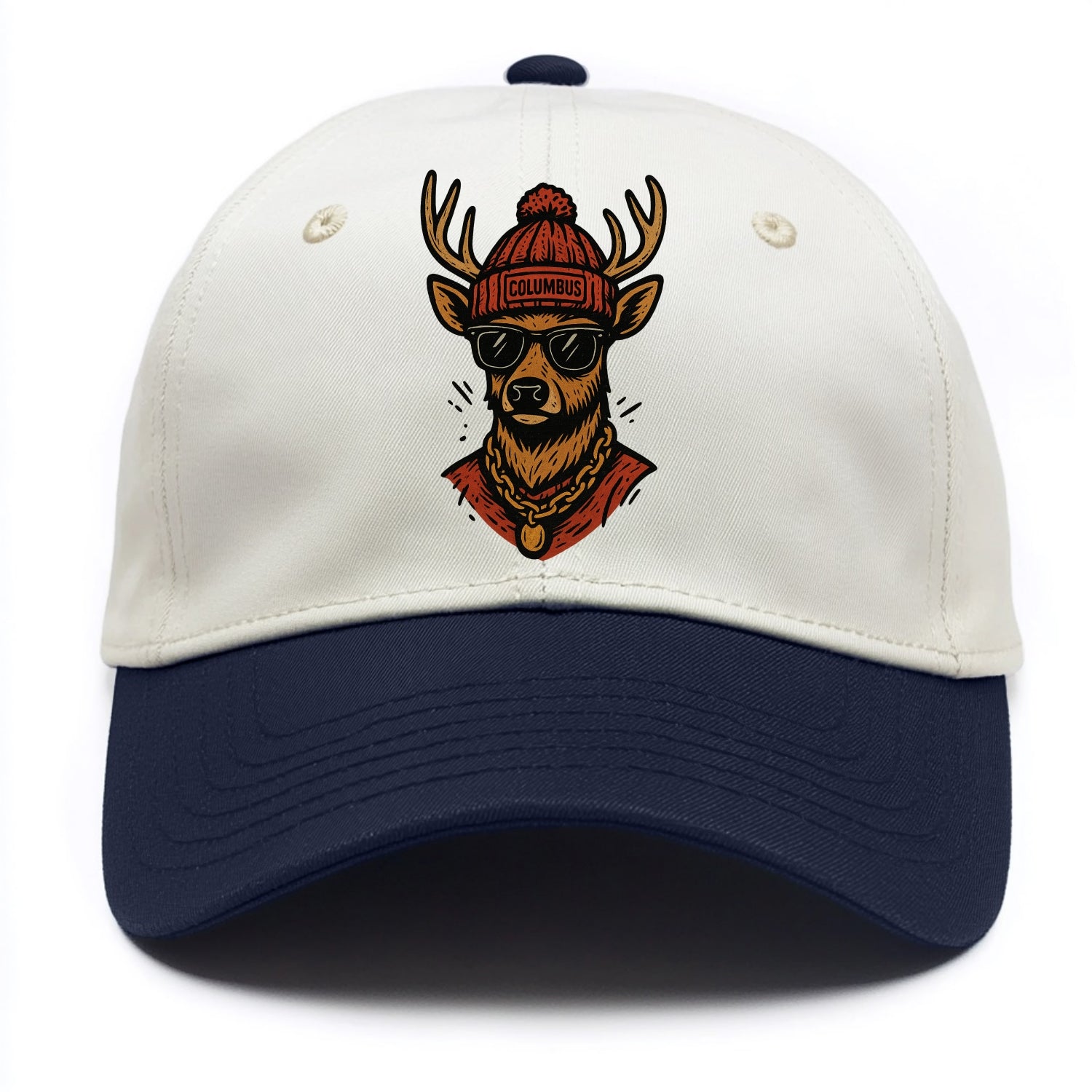 Columbus White-tailed Deer wearing Columbus beanie with pom pom and wayfarer - Two Tone Cap - Navy
