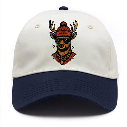 Columbus White-tailed Deer wearing Columbus beanie with pom pom and wayfarer - Two Tone Cap - Navy
