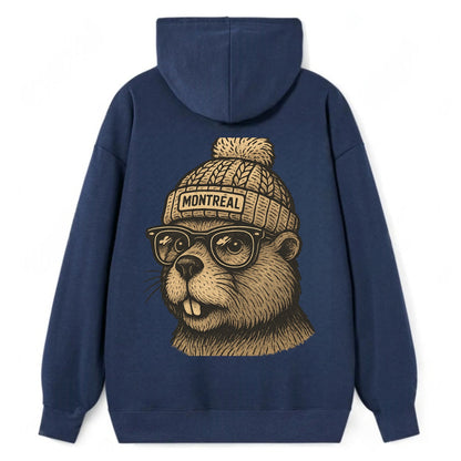 Montreal Beaver wearing Montreal beanie with pom pom and wayfarer - Classic Pullover Hoodie - Navy