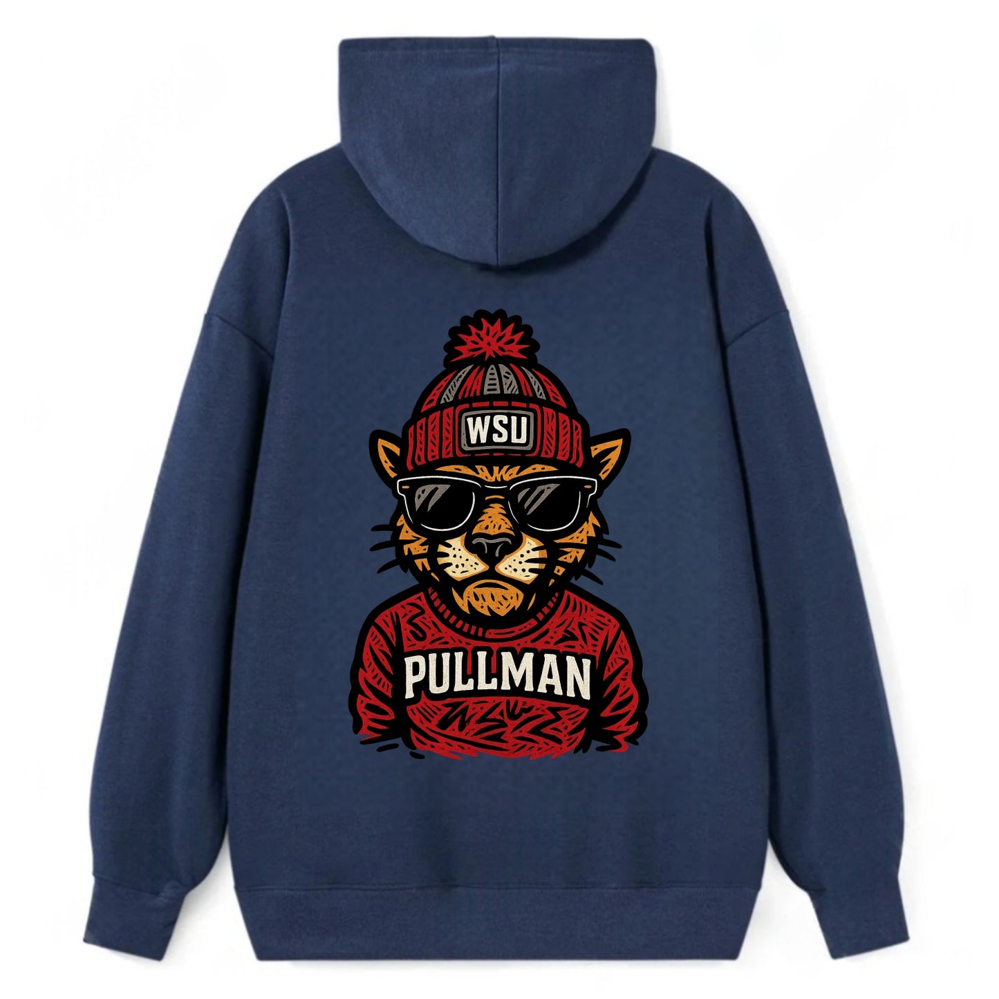Pullman Cougar wearing Washington State beanie with WSU patch - Classic Pullover Hoodie - Navy