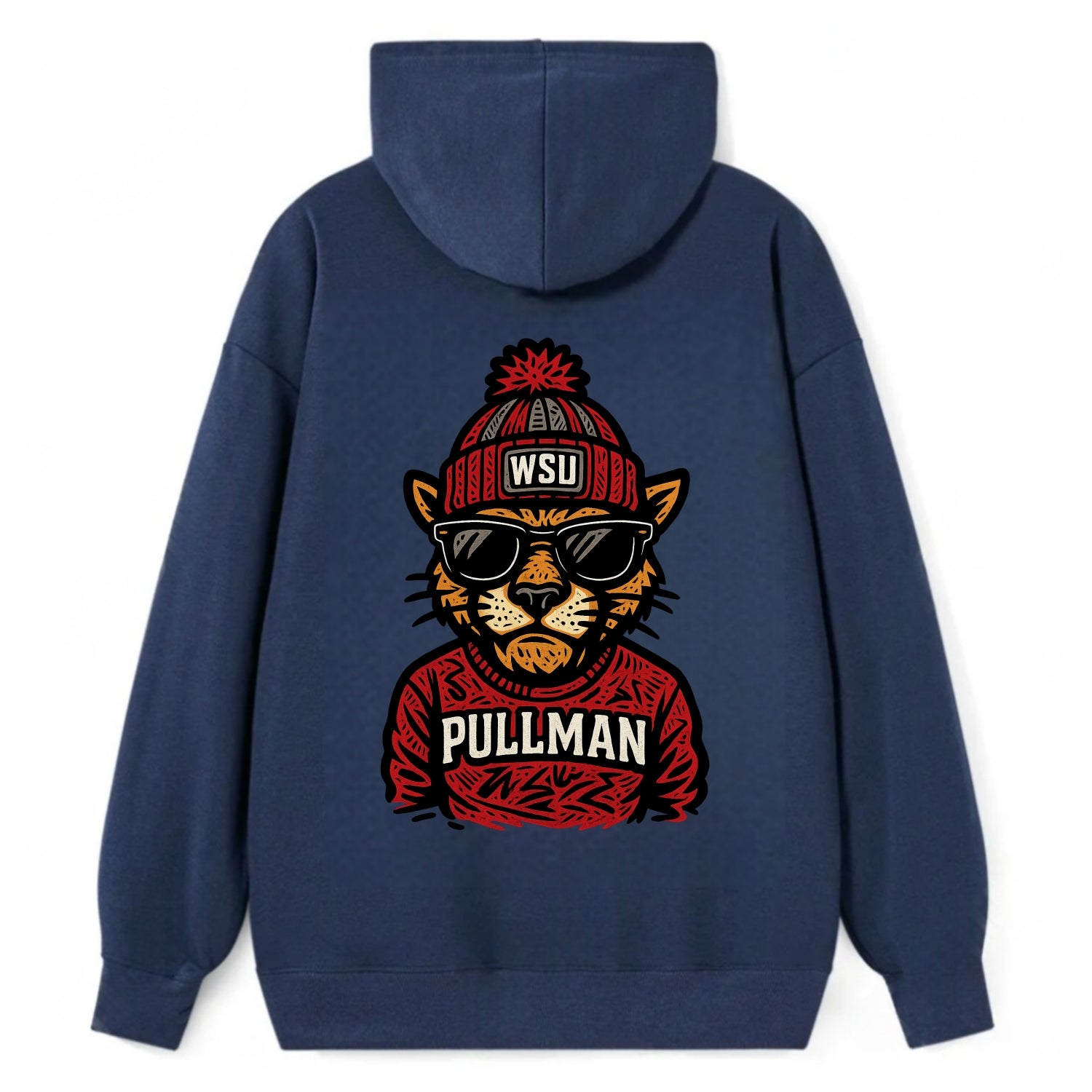 Pullman Cougar wearing Washington State beanie with WSU patch - Classic Pullover Hoodie - Navy