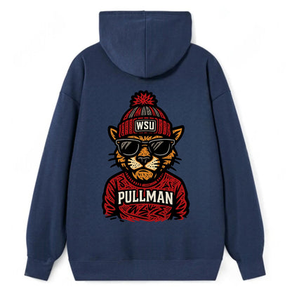 Pullman Cougar wearing Washington State beanie with WSU patch - Classic Pullover Hoodie - Navy