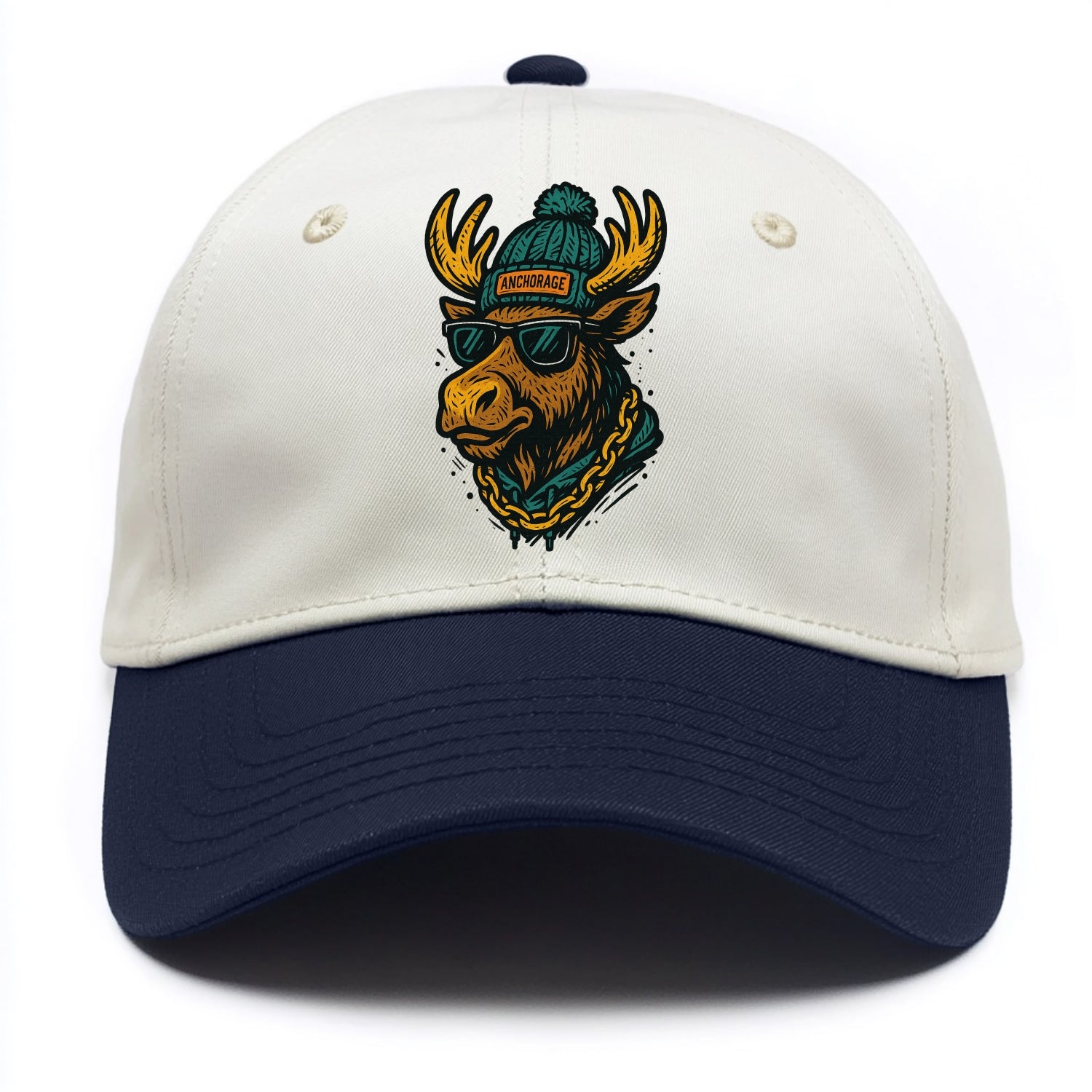 Alaska Moose wearing Anchorage beanie with pom pom and wayfarer sunglasses - Two Tone Cap - Navy