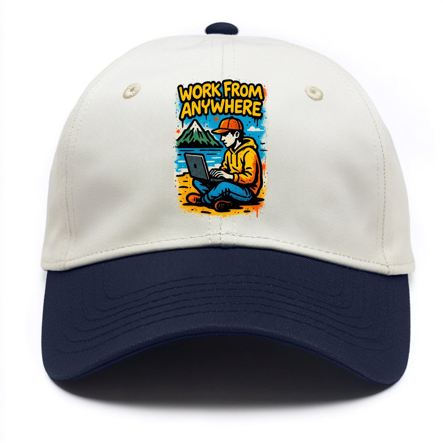 Digital nomad with laptop on beach/mountain - work from anywhere lifestyle, location - Two Tone Cap - Navy