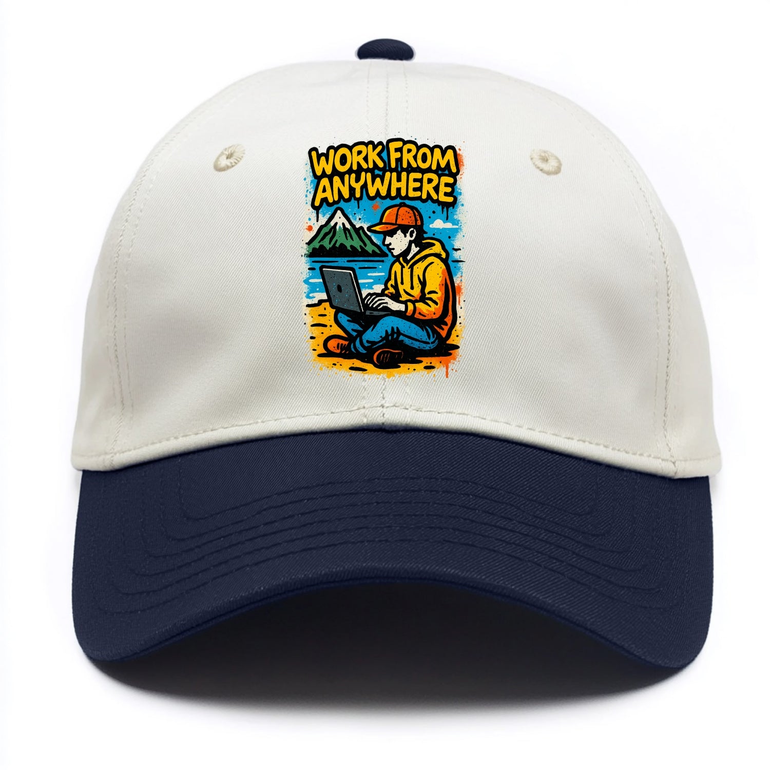 Digital nomad with laptop on beach/mountain - work from anywhere lifestyle, location - Two Tone Cap - Navy
