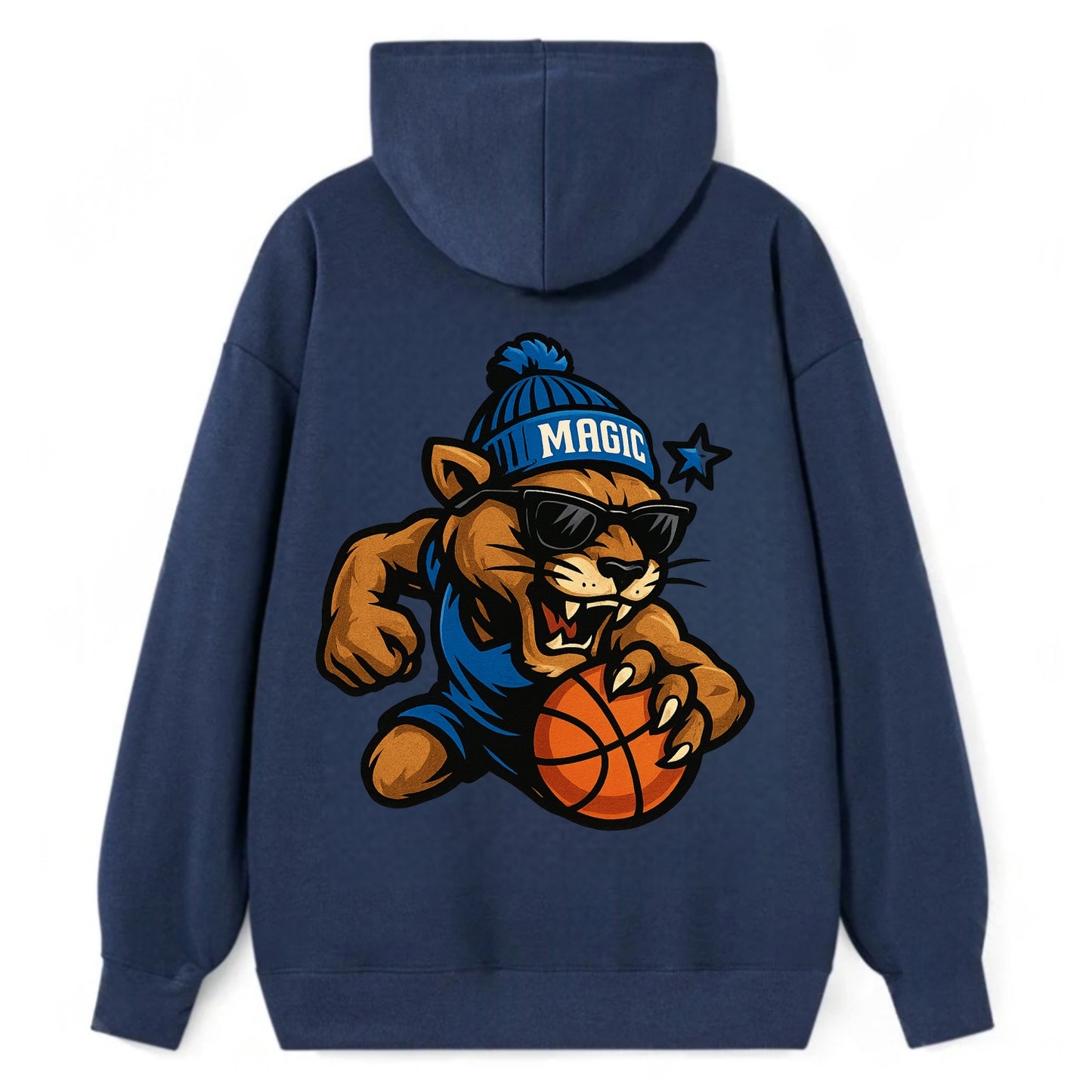 Florida Panther wearing Magic beanie with star wand patch and wayfarer - Classic Pullover Hoodie - Navy