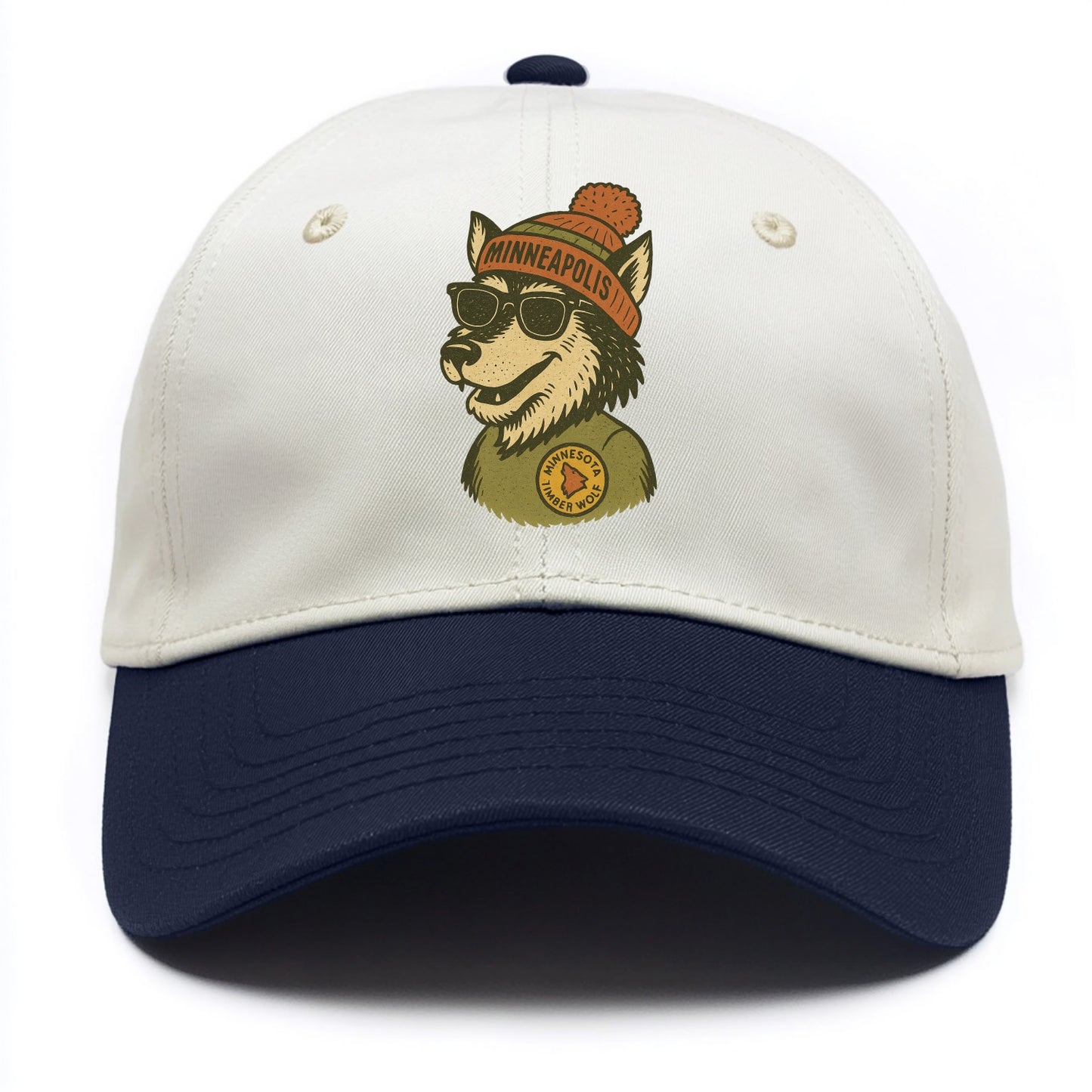 Minnesota Timber Wolf wearing Minneapolis beanie with pom pom and wayfarer sunglasses - Two Tone Cap - Navy