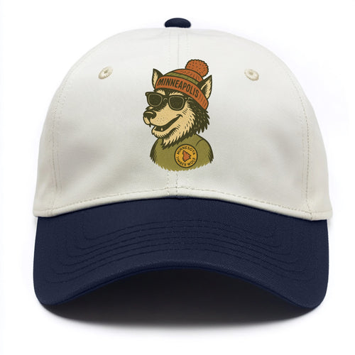 Minnesota Timber Wolf wearing Minneapolis beanie with pom pom and wayfarer sunglasses - Two Tone Cap