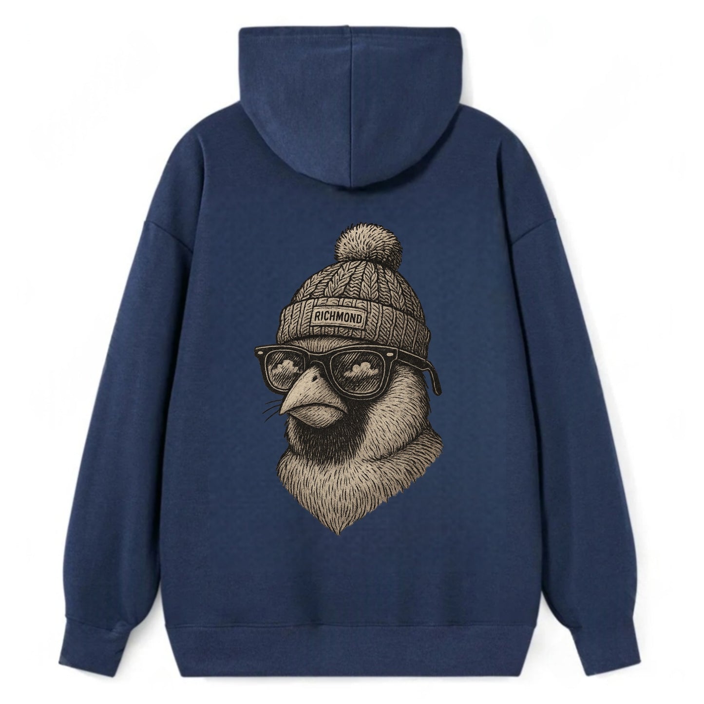 Virginia Cardinal wearing Richmond beanie with pom pom and wayfarer - Classic Pullover Hoodie - Navy
