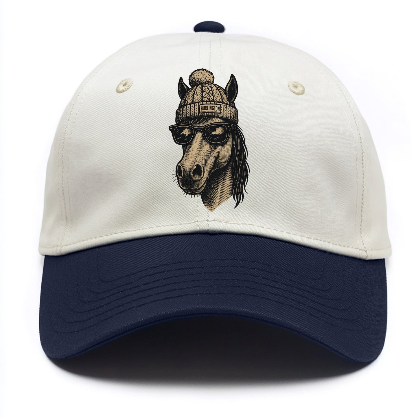 Vermont Morgan Horse wearing Burlington beanie with pom pom and wayfarer sunglasses - Two Tone Cap - Navy