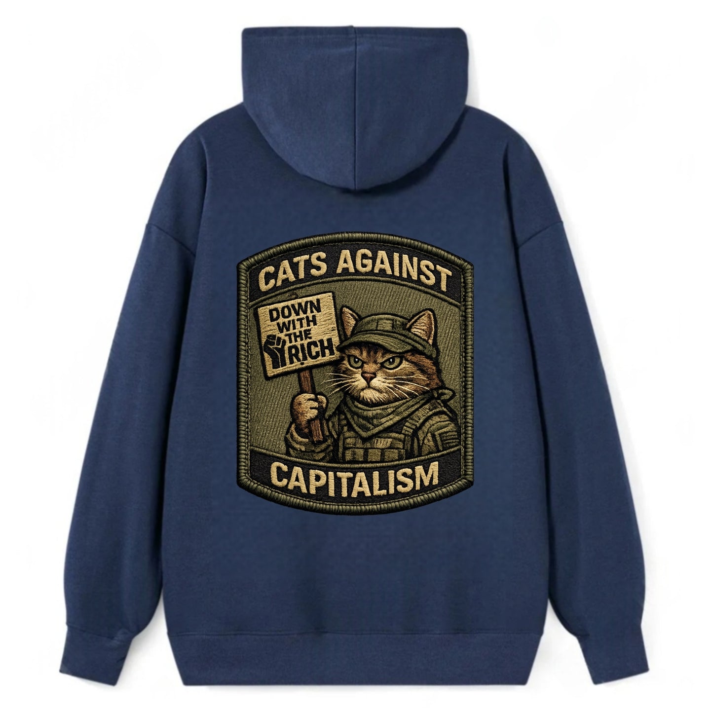 CATS AGAINST CAPITALISM - cat with protest sign in red , political cat - Classic Pullover Hoodie - Navy