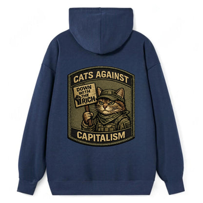 CATS AGAINST CAPITALISM - cat with protest sign in red , political cat - Classic Pullover Hoodie - Navy