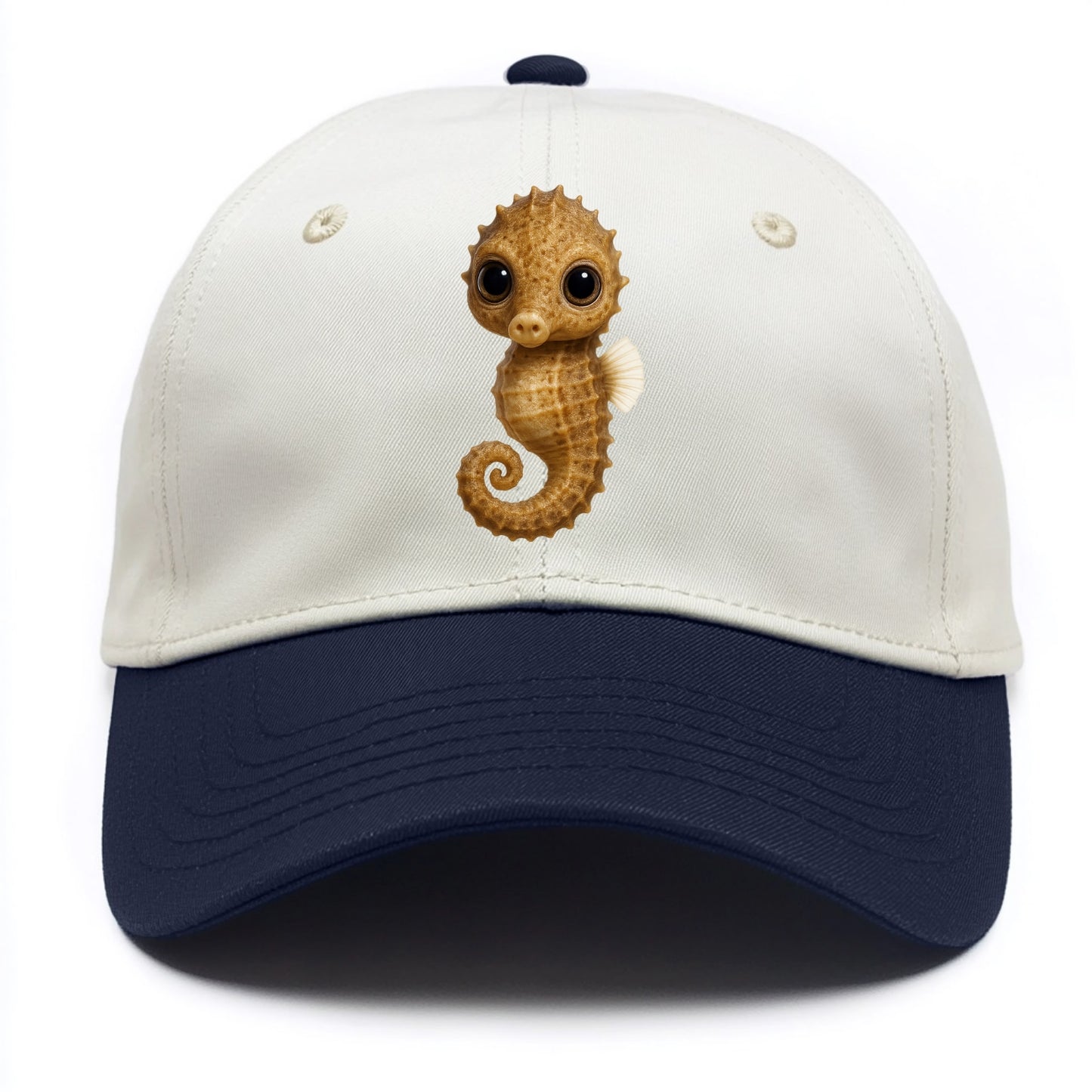 Baby Seahorse - curled tail, snout, large eyes, front-facing, delicate and cute - Two Tone Cap - Navy