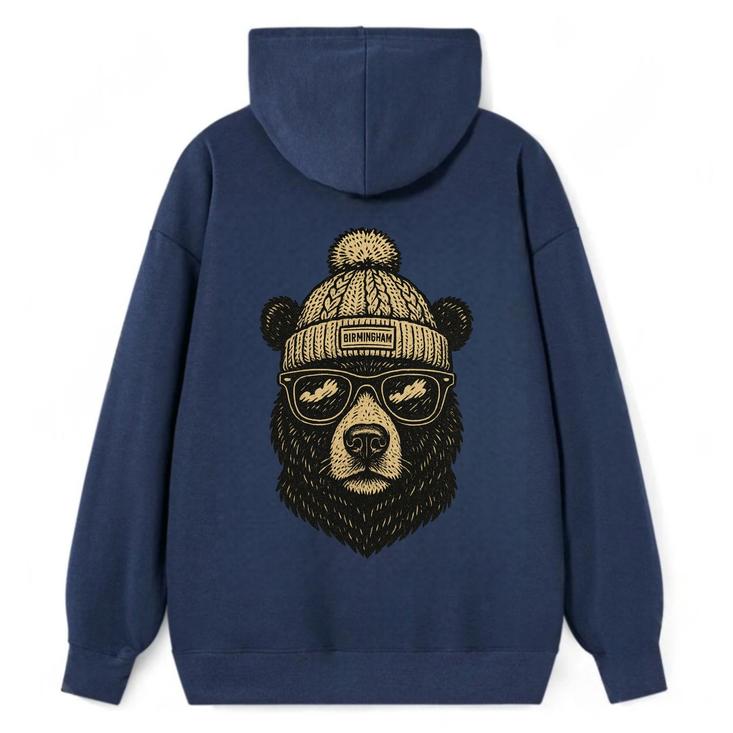 Alabama Black Bear wearing Birmingham beanie with pom pom and wayfarer - Classic Pullover Hoodie - Navy