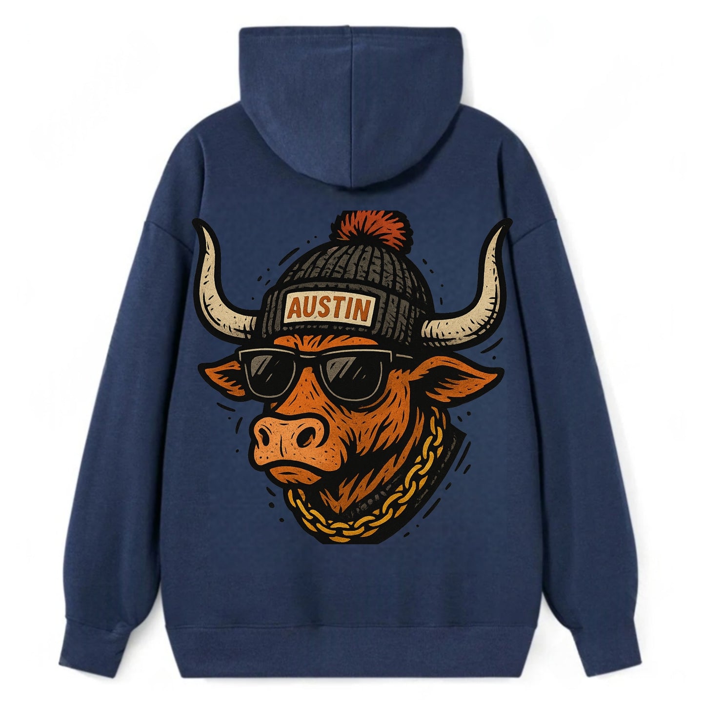 Texas Longhorn wearing Austin beanie with pom pom and wayfarer sunglasses - Classic Pullover Hoodie - Navy