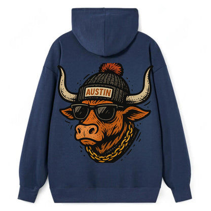 Texas Longhorn wearing Austin beanie with pom pom and wayfarer sunglasses - Classic Pullover Hoodie - Navy