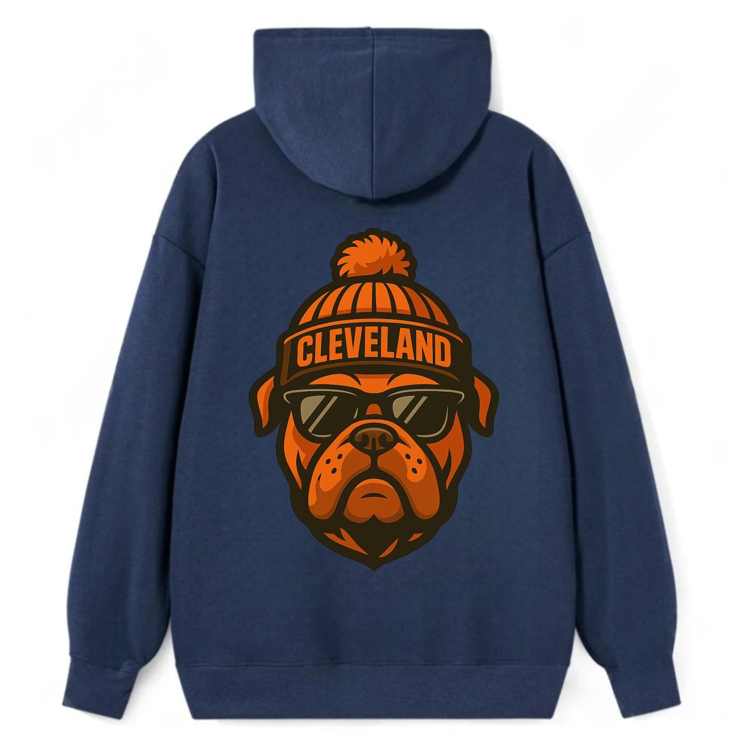 Cleveland Bulldog wearing Browns orange and brown beanie with pom pom and - Classic Pullover Hoodie - Navy