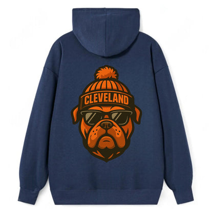Cleveland Bulldog wearing Browns orange and brown beanie with pom pom and - Classic Pullover Hoodie - Navy