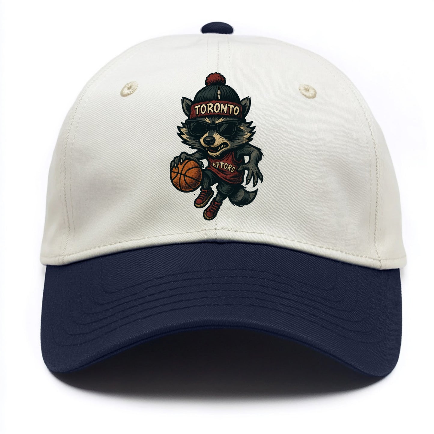 Toronto Raccoon wearing Raptors beanie with CN Tower patch and wayfarer sunglasses - Two Tone Cap - Navy