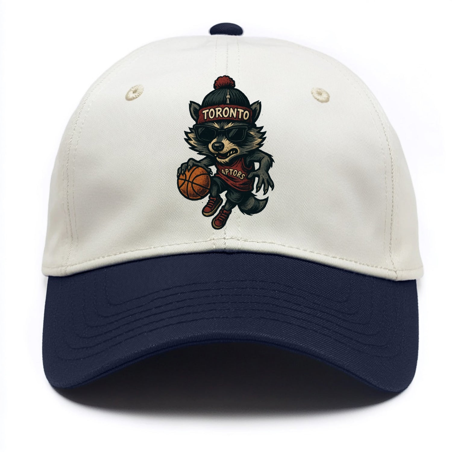 Toronto Raccoon wearing Raptors beanie with CN Tower patch and wayfarer sunglasses - Two Tone Cap - Navy