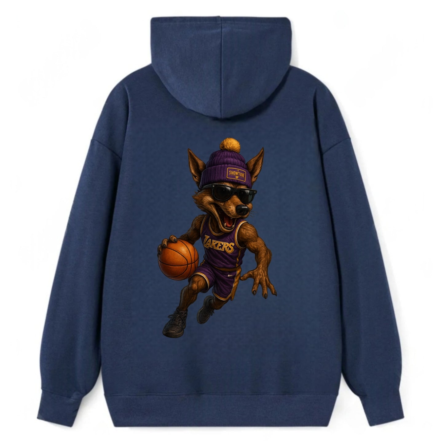 Hollywood Coyote wearing Lakers beanie with Showtime patch and wayfarer - Classic Pullover Hoodie - Navy