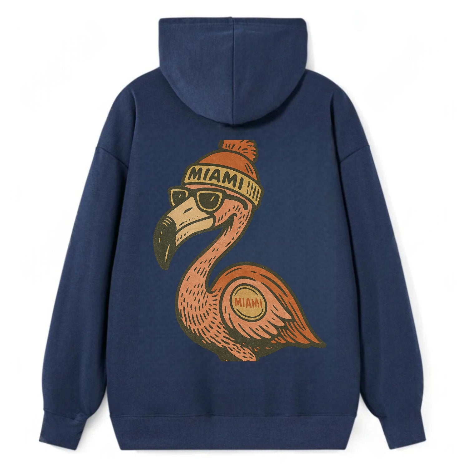 Miami Flamingo wearing Miami beanie with pom pom and wayfarer sunglasses - Classic Pullover Hoodie - Navy