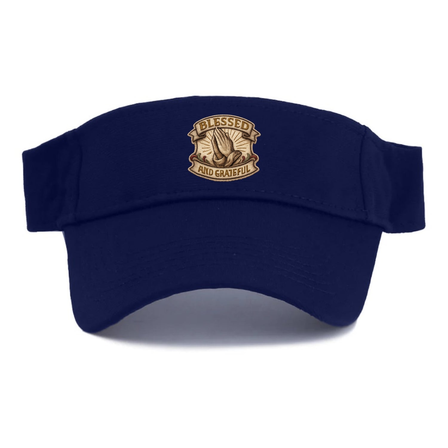 BLESSED AND GRATEFUL - praying hands with text in gold , thankful - Visor - Navy