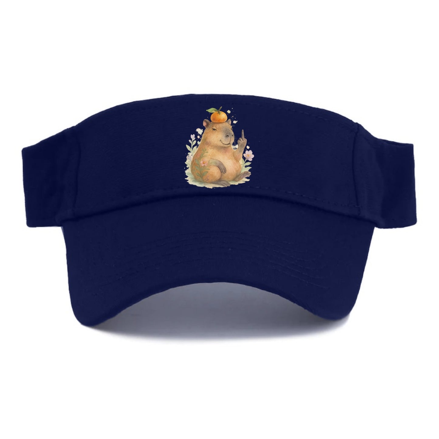 chonky capybara relaxing with orange on head, one webbed middle finger up - Visor - Navy