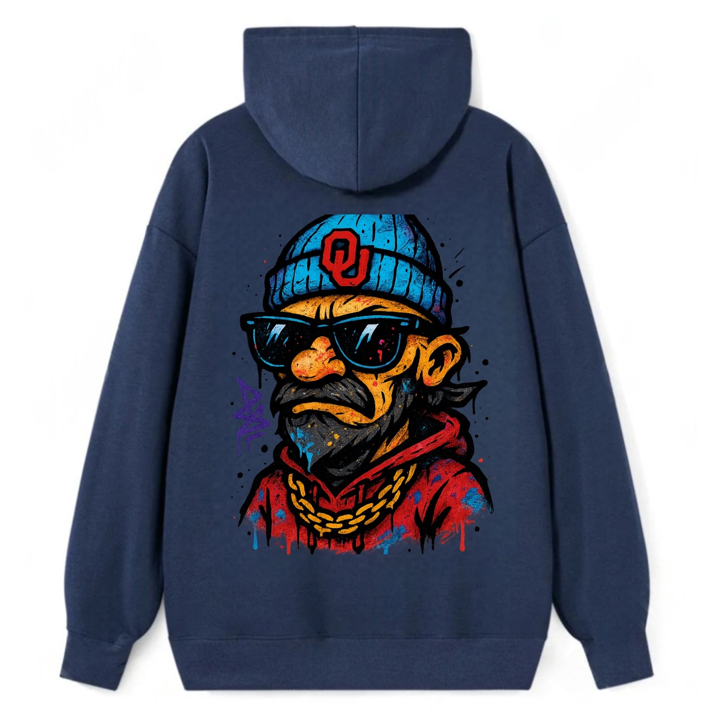 Norman Sooner wearing Oklahoma beanie with OU patch - Classic Pullover Hoodie - Navy