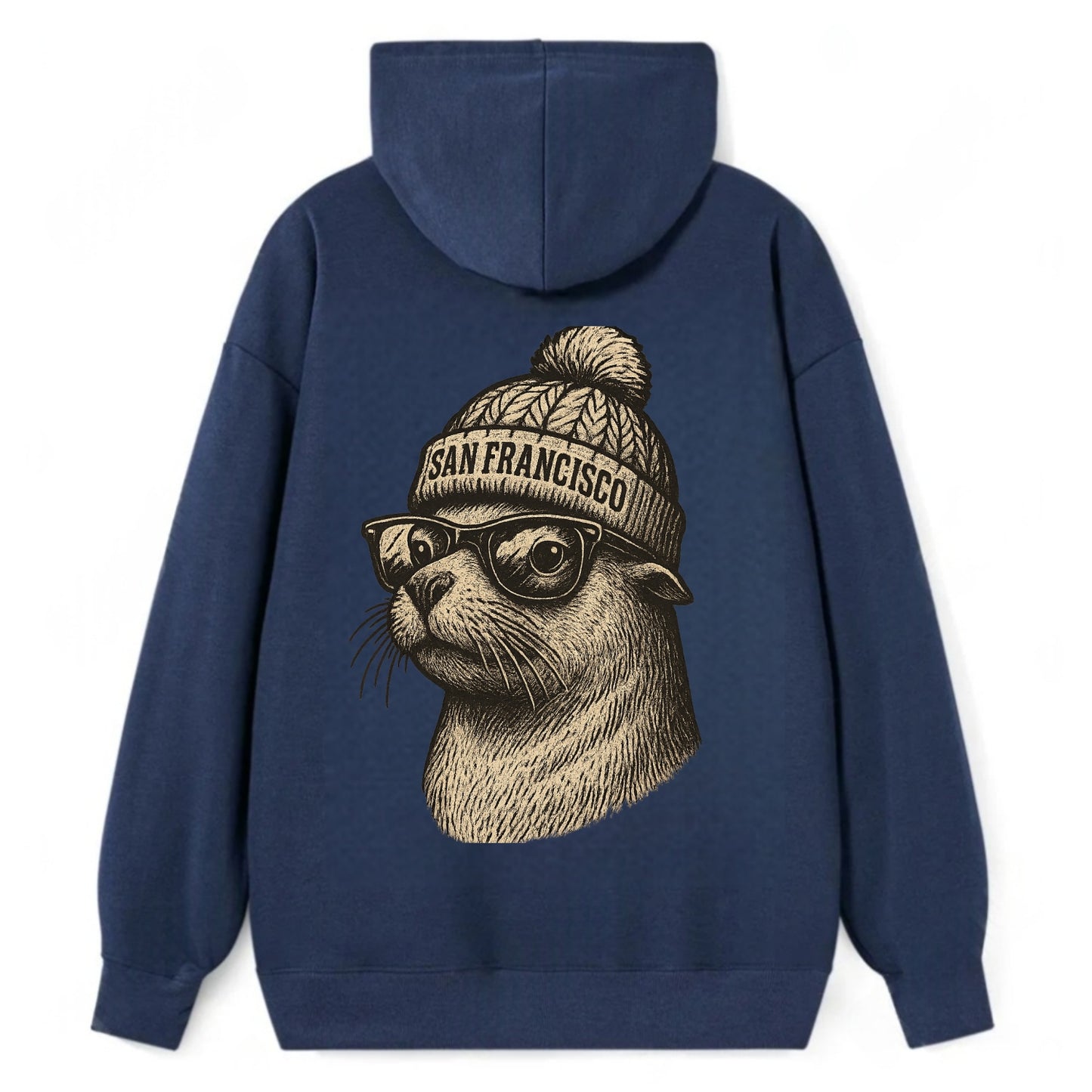 San Francisco Sea Lion wearing San Francisco beanie with pom pom and - Classic Pullover Hoodie - Navy